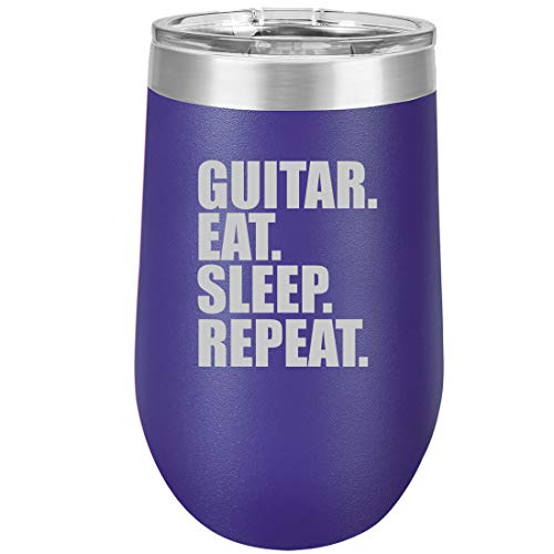 16 oz Double Wall Vacuum Insulated Stainless Steel Stemless Wine Tumbler Glass Coffee Travel Mug With Lid Guitar Eat Sleep Repeat (Purple)