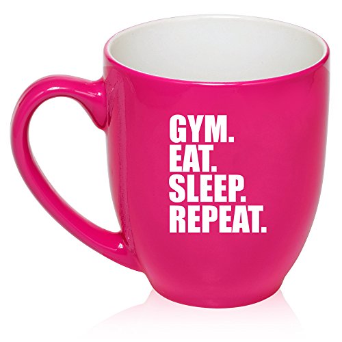 16 oz Large Bistro Mug Ceramic Coffee Tea Glass Cup Gym Eat Sleep Repeat (Hot Pink)