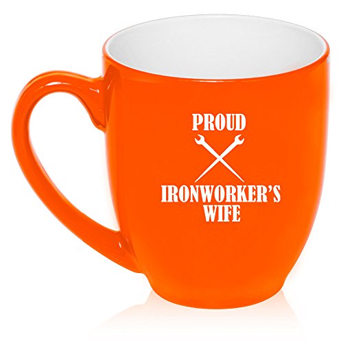 16 oz Large Bistro Mug Ceramic Coffee Tea Glass Cup Proud Iron Worker's Wife (Orange)