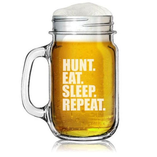 16oz Mason Jar Glass Mug w/ Handle Hunting Hunt Eat Sleep Repeat