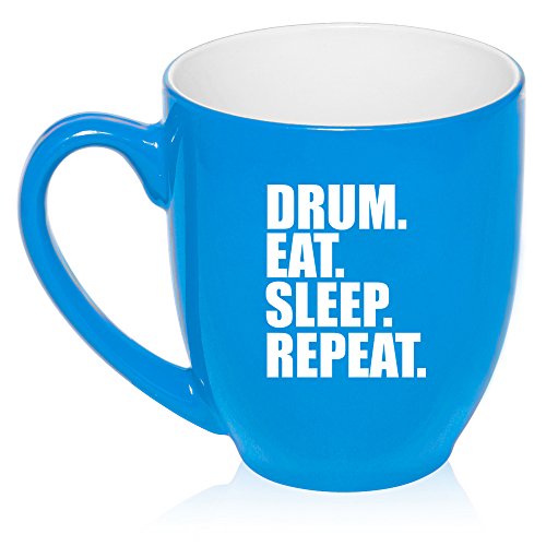 16 oz Large Bistro Mug Ceramic Coffee Tea Glass Cup Drum Eat Sleep Repeat (Light Blue)