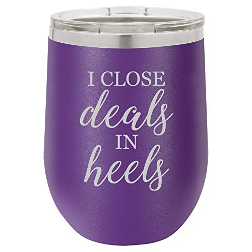 12 oz Double Wall Vacuum Insulated Stainless Steel Stemless Wine Tumbler Glass Coffee Travel Mug With Lid I Close Deals In Heels Sales Real Estate Agent Professional (Purple)