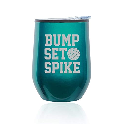 Stemless Wine Tumbler Coffee Travel Mug Glass With Lid Bump Set Spike Volleyball (Turquoise Teal)