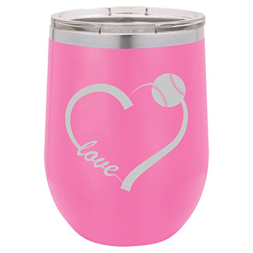 12 oz Double Wall Vacuum Insulated Stainless Steel Stemless Wine Tumbler Glass Coffee Travel Mug With Lid Love Heart Baseball Softball (Hot-Pink)