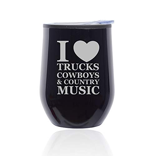 Stemless Wine Tumbler Coffee Travel Mug Glass With Lid Love Trucks Cowboys Country Music (Midnight Black)