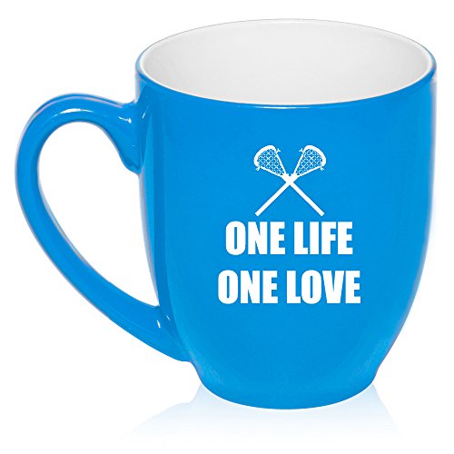 16 oz Large Bistro Mug Ceramic Coffee Tea Glass Cup One Life One Love Lacrosse (Light Blue)
