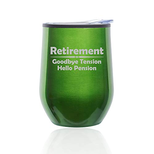 Stemless Wine Tumbler Coffee Travel Mug Glass With Lid Retirement Pension (Green)