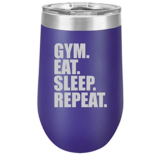 16 oz Double Wall Vacuum Insulated Stainless Steel Stemless Wine Tumbler Glass Coffee Travel Mug With Lid Gym Eat Sleep Repeat (Purple)