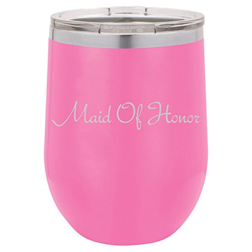 12 oz Double Wall Vacuum Insulated Stainless Steel Stemless Wine Tumbler Glass Coffee Travel Mug With Lid Maid Of Honor Bachelorette Wedding (Hot-Pink)