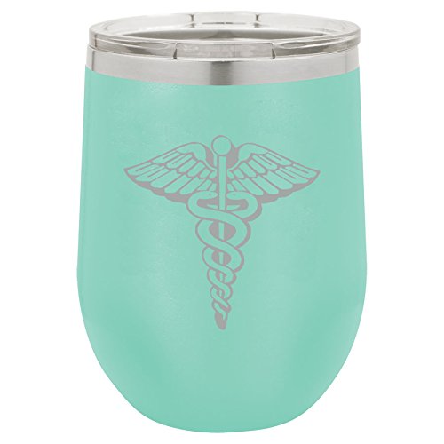 12 oz Double Wall Vacuum Insulated Stainless Steel Stemless Wine Tumbler Glass Coffee Travel Mug With Lid Medical Symbol Caduceus Physician (Teal)