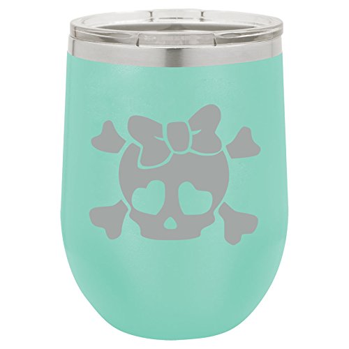 12 oz Double Wall Vacuum Insulated Stainless Steel Stemless Wine Tumbler Glass Coffee Travel Mug With Lid Heart Skull Bow (Teal)