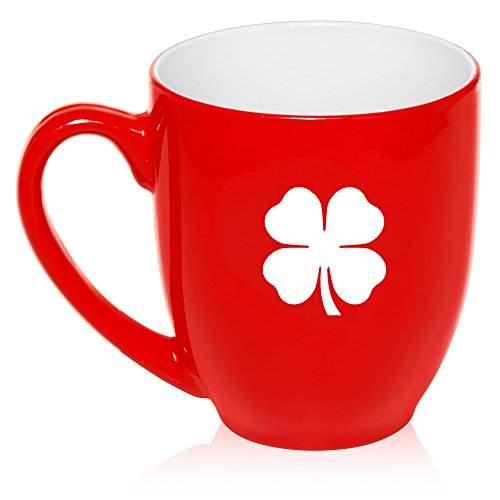 16 oz Large Bistro Mug Ceramic Coffee Tea Glass Cup Four Leaf Clover Shamrock (Red)