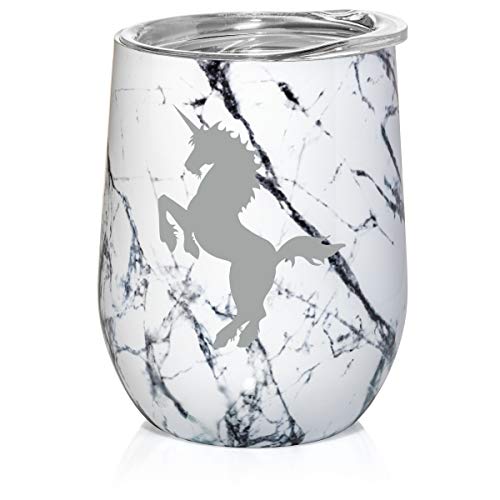 12 oz Double Wall Vacuum Insulated Stainless Steel Marble Stemless Wine Tumbler Glass Coffee Travel Mug With Lid Unicorn (Black White Marble)