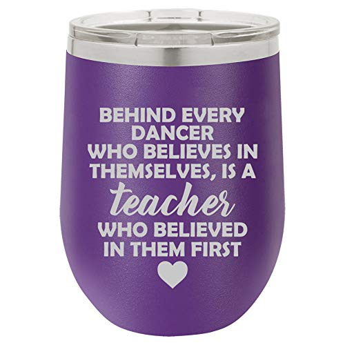 12 oz Double Wall Vacuum Insulated Stainless Steel Stemless Wine Tumbler Glass Coffee Travel Mug With Lid Dance Teacher Gift (Purple)