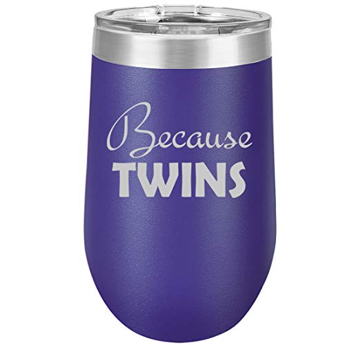 16 oz Double Wall Vacuum Insulated Stainless Steel Stemless Wine Tumbler Glass Coffee Travel Mug With Lid Because Twins Parent Mom Dad (Purple)