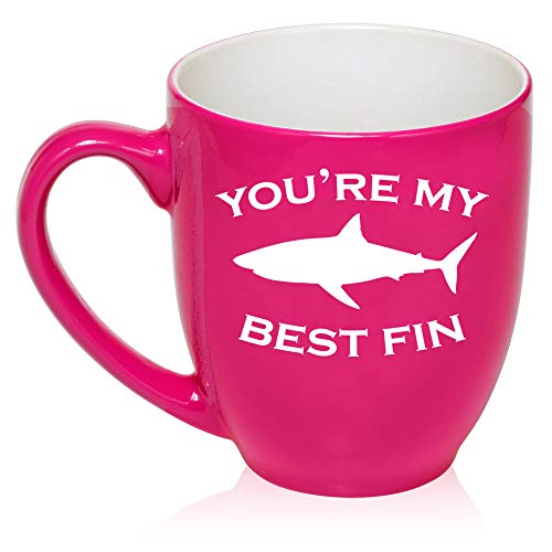 16 oz Large Bistro Mug Ceramic Coffee Tea Glass Cup You're My Best Fin Friend Shark (Hot-Pink)