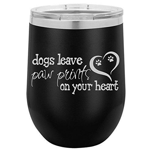 12 oz Double Wall Vacuum Insulated Stainless Steel Stemless Wine Tumbler Glass Coffee Travel Mug With Lid Dogs Leave Paw Prints (Black)