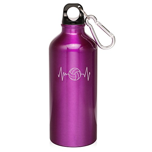 20oz Aluminum Sports Water Bottle Caribiner Clip Heart Beats Volleyball (Purple)