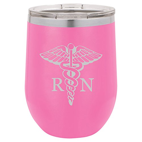 12 oz Double Wall Vacuum Insulated Stainless Steel Stemless Wine Tumbler Glass Coffee Travel Mug With Lid RN Registered Nurse (Hot-Pink)