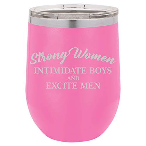 12 oz Double Wall Vacuum Insulated Stainless Steel Stemless Wine Tumbler Glass Coffee Travel Mug With Lid Strong Women Intimidate Boys And Excite Men (Hot-Pink)