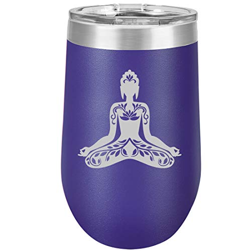16 oz Double Wall Vacuum Insulated Stainless Steel Stemless Wine Tumbler Glass Coffee Travel Mug With Lid Buddha Yoga Lotus (Purple)