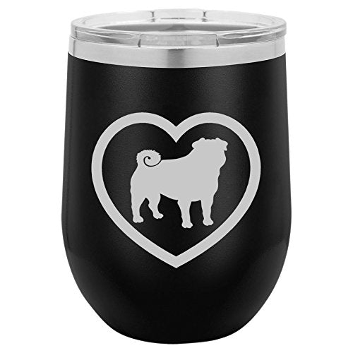 12 oz Double Wall Vacuum Insulated Stainless Steel Stemless Wine Tumbler Glass Coffee Travel Mug With Lid Pug Heart (Black)