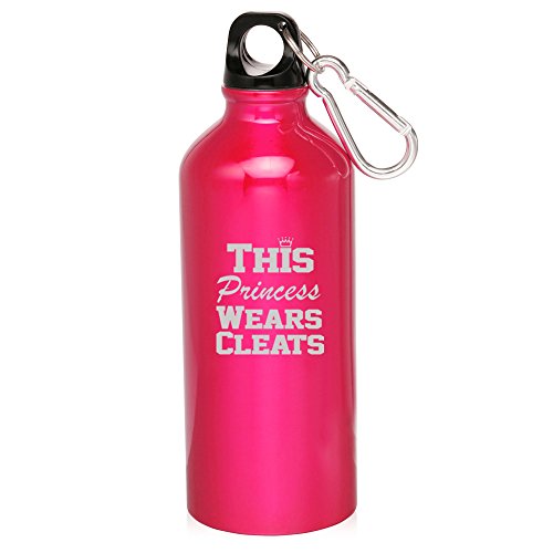 20oz Aluminum Sports Water Bottle Caribiner Clip Soccer Softball Lacrosse This Princess Wears Cleats (Hot Pink)