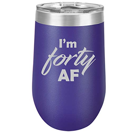 16 oz Double Wall Vacuum Insulated Stainless Steel Stemless Wine Tumbler Glass Coffee Travel Mug With Lid I'm Forty AF Funny 40th Birthday (Purple)