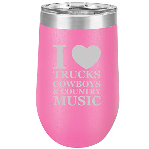 16 oz Double Wall Vacuum Insulated Stainless Steel Stemless Wine Tumbler Glass Coffee Travel Mug With Lid Love Trucks Cowboys Country Music (Hot Pink)