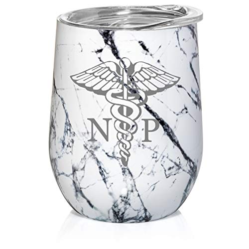 12 oz Double Wall Vacuum Insulated Stainless Steel Marble Stemless Wine Tumbler Glass Coffee Travel Mug With Lid NP Nurse Practitioner Caduceus (Black White Marble)