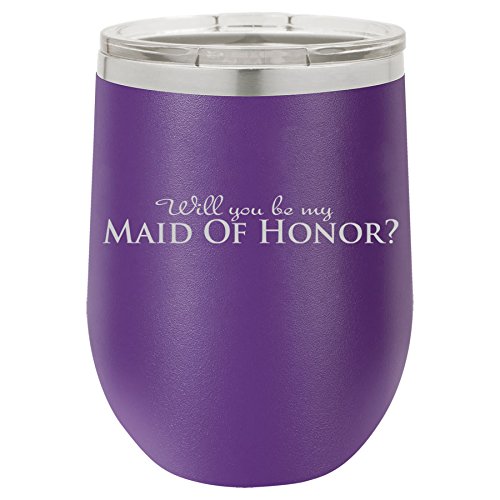 12 oz Double Wall Vacuum Insulated Stainless Steel Stemless Wine Tumbler Glass Coffee Travel Mug With Lid Will You Be My Maid Of Honor (Purple)