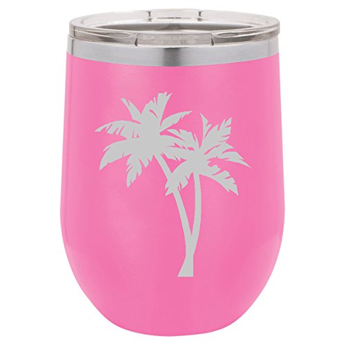 12 oz Double Wall Vacuum Insulated Stainless Steel Stemless Wine Tumbler Glass Coffee Travel Mug With Lid Palm Trees (Hot-Pink)