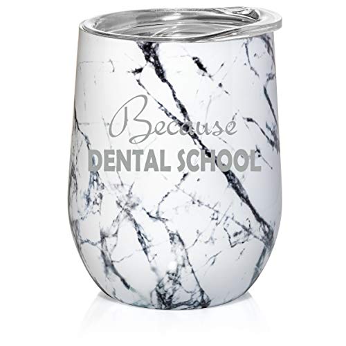 12 oz Double Wall Vacuum Insulated Stainless Steel Marble Stemless Wine Tumbler Glass Coffee Travel Mug With Lid Because Dental School Student Funny (Black White Marble)