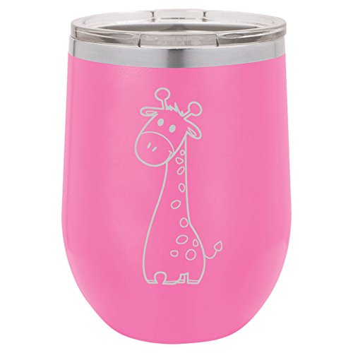 12 oz Double Wall Vacuum Insulated Stainless Steel Stemless Wine Tumbler Glass Coffee Travel Mug With Lid Cute Giraffe (Hot-Pink)