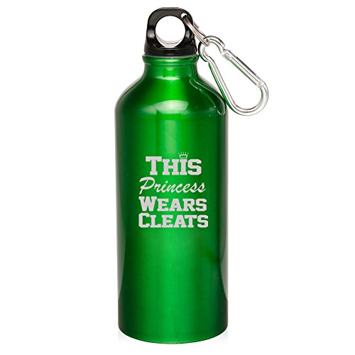 20oz Aluminum Sports Water Bottle Caribiner Clip Soccer Softball Lacrosse This Princess Wears Cleats (Green)