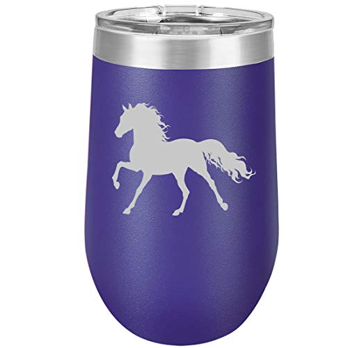 16 oz Double Wall Vacuum Insulated Stainless Steel Stemless Wine Tumbler Glass Coffee Travel Mug With Lid Horse (Purple)