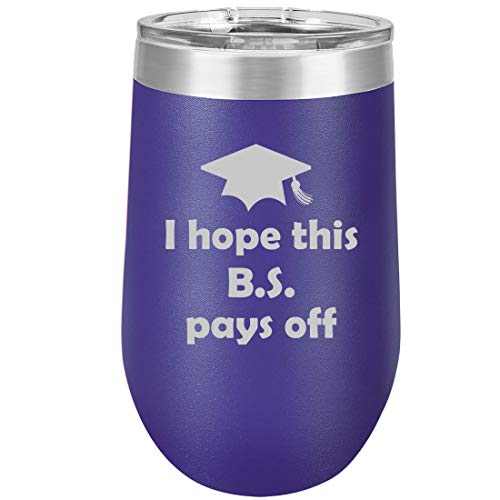 16 oz Double Wall Vacuum Insulated Stainless Steel Stemless Wine Tumbler Glass Coffee Travel Mug With Lid I Hope This BS Pays Off Graduation College Funny Gift (Purple)