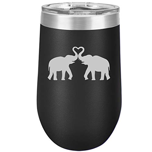 16 oz Double Wall Vacuum Insulated Stainless Steel Stemless Wine Tumbler Glass Coffee Travel Mug With Lid Elephants Making Heart (Black)