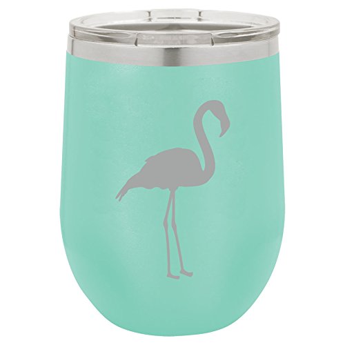 12 oz Double Wall Vacuum Insulated Stainless Steel Stemless Wine Tumbler Glass Coffee Travel Mug With Lid Flamingo (Teal)