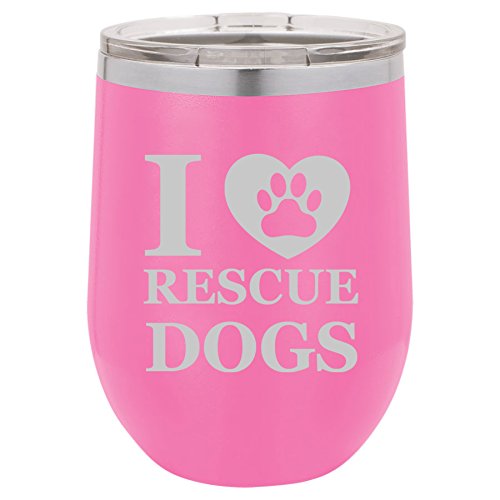 12 oz Double Wall Vacuum Insulated Stainless Steel Stemless Wine Tumbler Glass Coffee Travel Mug With Lid I Heart Love Rescue Dogs (Hot-Pink)