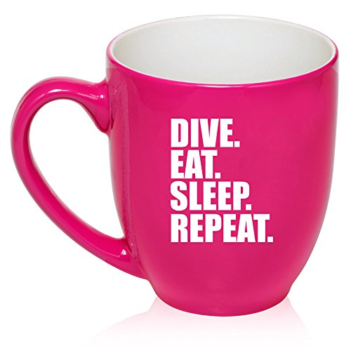 16 oz Large Bistro Mug Ceramic Coffee Tea Glass Cup Dive Eat Sleep Repeat (Hot Pink)