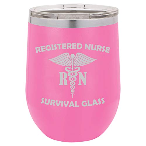 12 oz Double Wall Vacuum Insulated Stainless Steel Stemless Wine Tumbler Glass Coffee Travel Mug With Lid Registered Nurse RN Survival Glass Funny (Hot Pink)