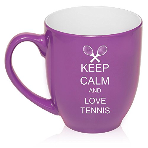 16 oz Large Bistro Mug Ceramic Coffee Tea Glass Cup Keep Calm and Love Tennis (Purple)