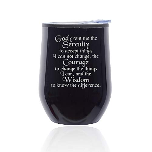 Stemless Wine Tumbler Coffee Travel Mug Glass With Lid Serenity Quote (Midnight Black)