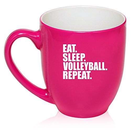 16 oz Large Bistro Mug Ceramic Coffee Tea Glass Cup Eat Sleep Volleyball Repeat (Hot Pink)