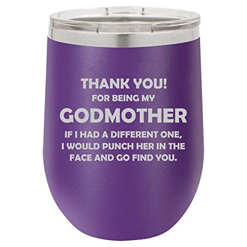 12 oz Double Wall Vacuum Insulated Stainless Steel Stemless Wine Tumbler Glass Coffee Travel Mug With Lid Godmother Thank You For Being My Funny (Purple)