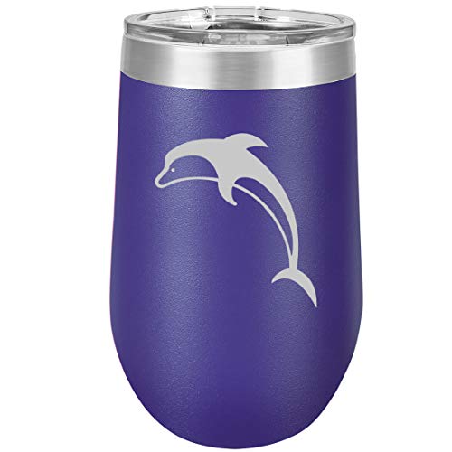 16 oz Double Wall Vacuum Insulated Stainless Steel Stemless Wine Tumbler Glass Coffee Travel Mug With Lid Dolphin (Purple)