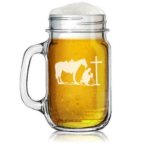 16oz Mason Jar Glass Mug w/Handle Cowboy Praying Cross Horse