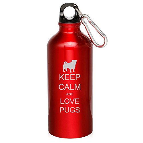 20oz Aluminum Sports Water Bottle Caribiner Clip Keep Calm and Love Pugs (Red)