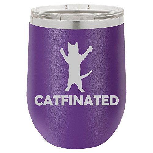 12 oz Double Wall Vacuum Insulated Stainless Steel Stemless Wine Tumbler Glass Coffee Travel Mug With Lid Catfinated Funny Cat Caffeine (Purple)